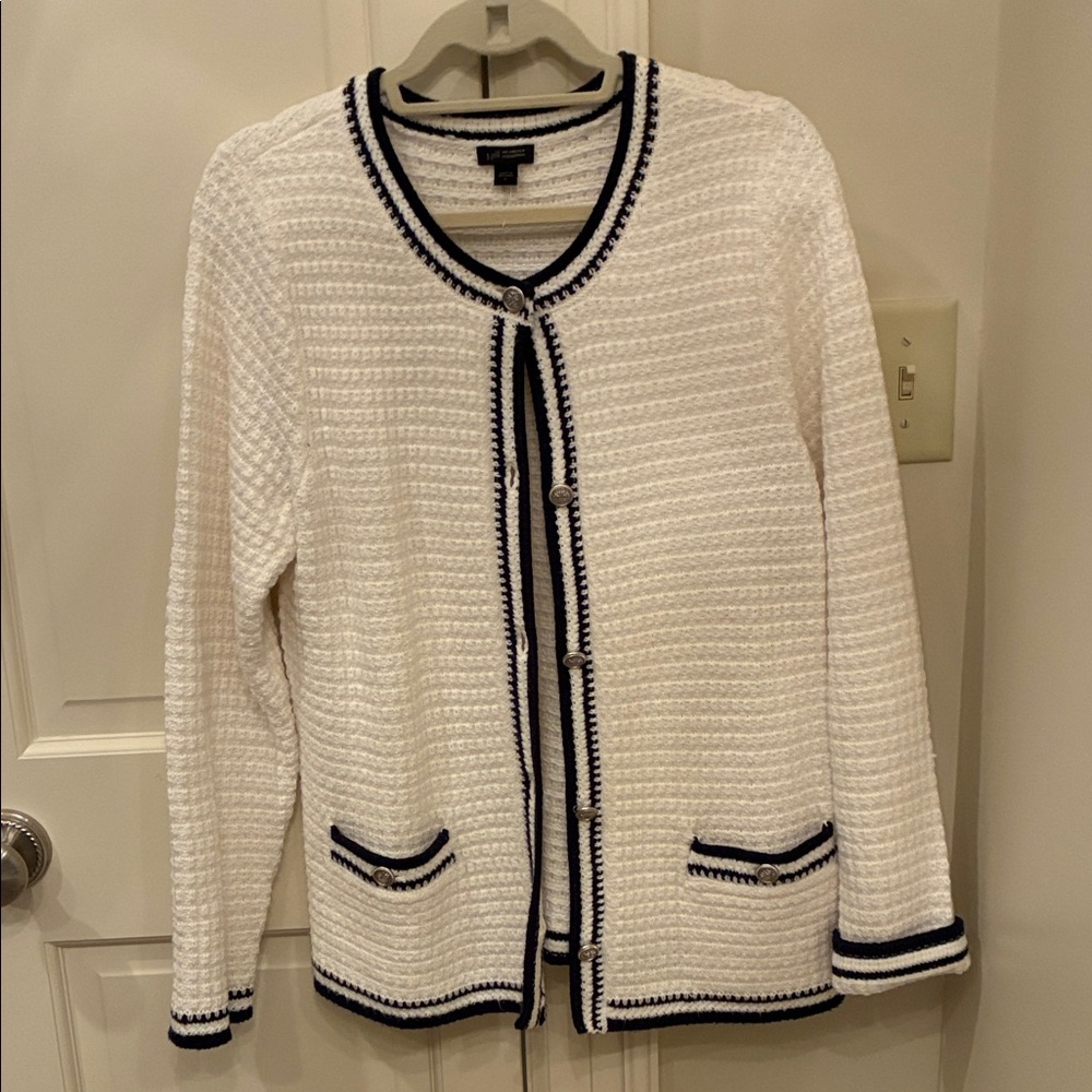 White Textured Knit Cardigan with Navy Trim
